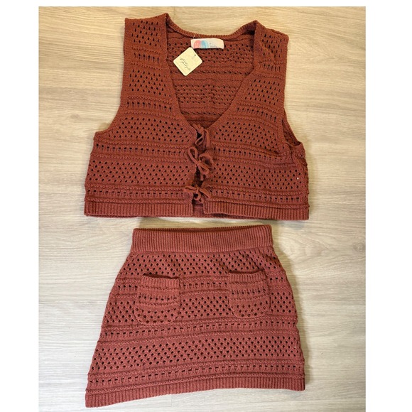 Free People Dresses & Skirts - Brand Free People Beach Crochet 2 Piece Set Rust Orange Vest & Mini Skirt Small